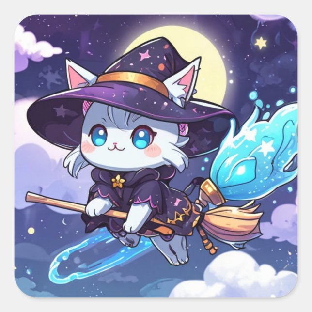Chibi Witch Cat Flying in Starry Sky – Kawaii Magi Square Sticker (Front)