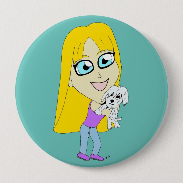 Chibi with a pup 10 cm round badge (Front)