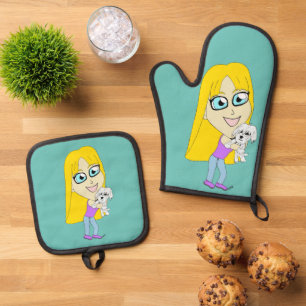 Chibi with a pup oven mitt & pot holder set
