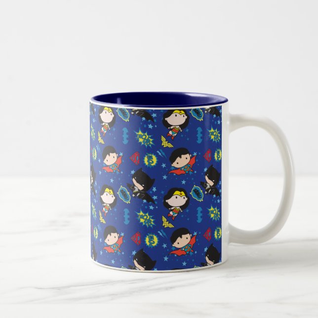 Chibi Wonder Woman, Superman, and Batman Pattern Two-Tone Coffee Mug (Right)