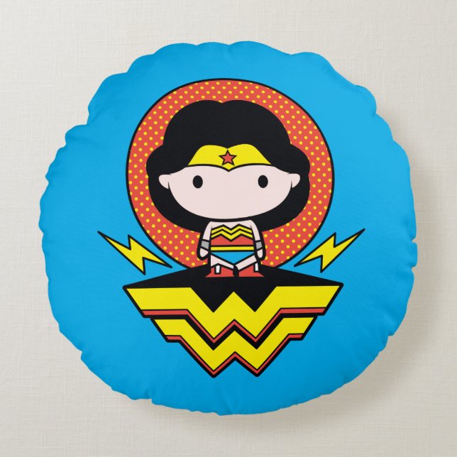 Chibi Wonder Woman With Polka Dots and Logo Round Cushion (Front)