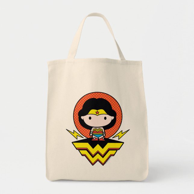 Chibi Wonder Woman With Polka Dots and Logo Tote Bag (Front)