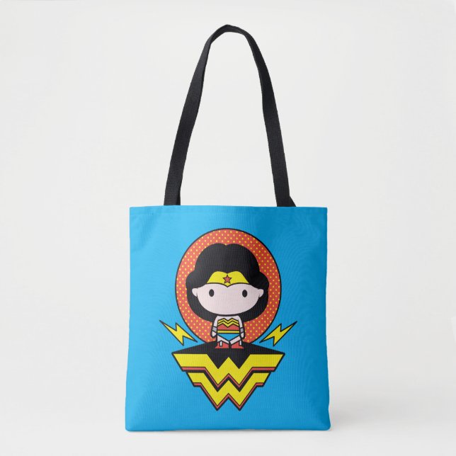 Chibi Wonder Woman With Polka Dots and Logo Tote Bag (Front)