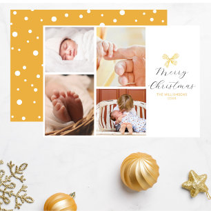 Chic4 Photo Collage Gold Bow Merry Christmas Holiday Card