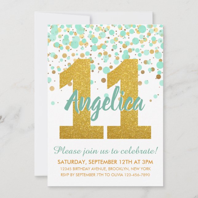 Chic 11th Birthday Mint Gold Glitter Confetti Girl Invitation (Front)