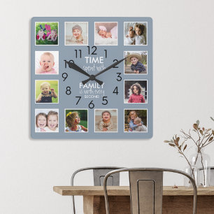 Chic 12 Photo Collage Family Time Quote Dusty Blue Square Wall Clock