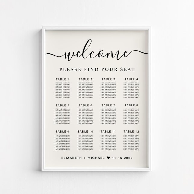 Chic 12 Table Cream Wedding Seating Chart (Creator Uploaded)