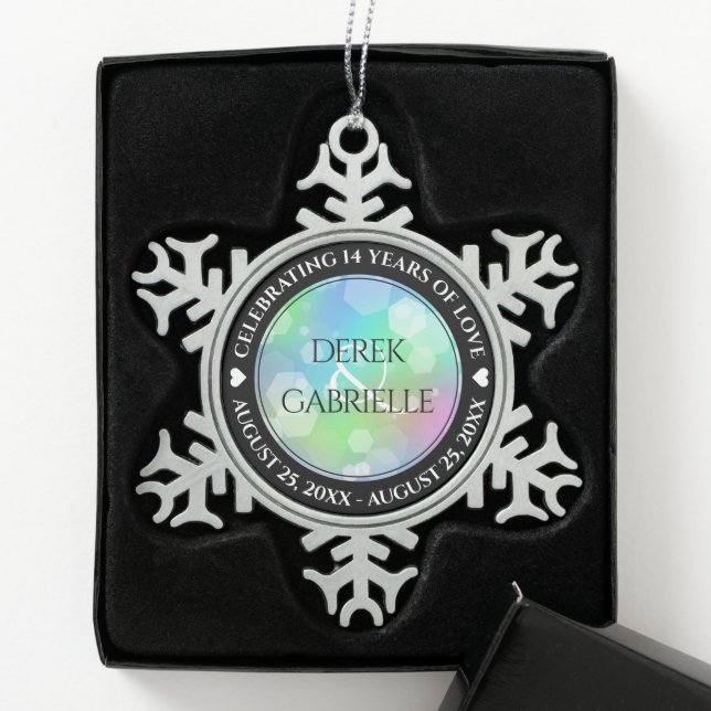 Chic 14th 24th 34th 43rd Opal Wedding Anniversary Snowflake Pewter Christmas Ornament (Box)