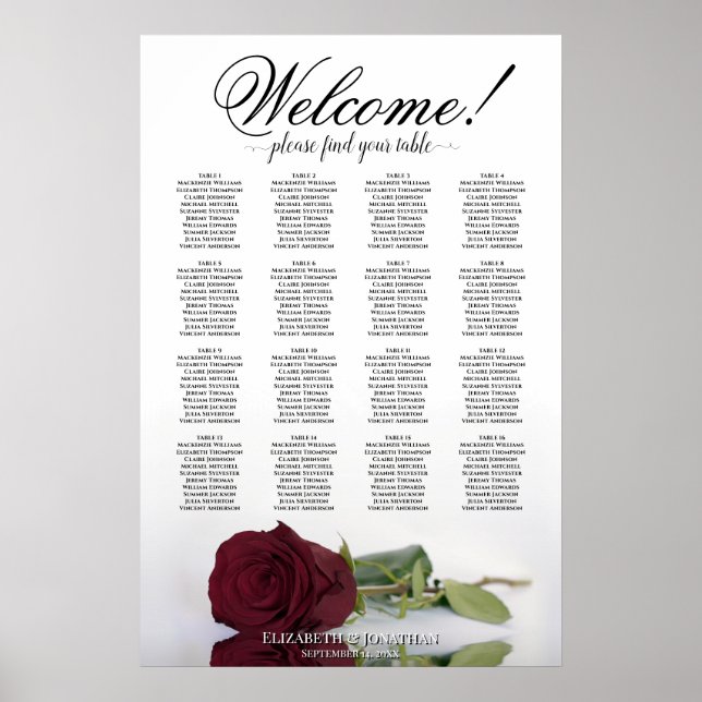 Chic 16 Table Burgundy Rose Wedding Seating Chart (Front)