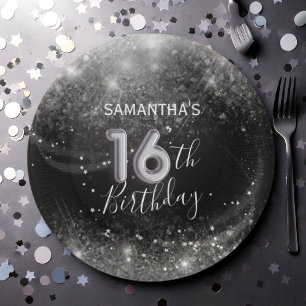 Chic 16th Birthday Silver Glitter & Black  Paper Plate