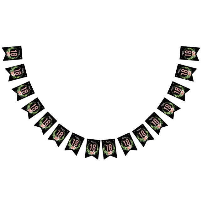Chic 18th Birthday Rose Gold Glitter Black Floral Bunting (All)