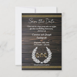 Chic 1st Anniversary Wood & Gold Save the Date Invitation