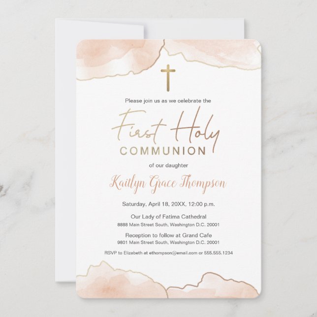 Chic 1st Communion Airy Soft pink watercolor Invitation (Front)