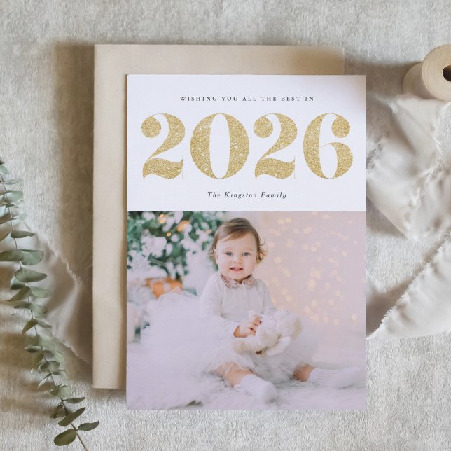 Chic 2022 Gold Glitter Happy New Year Photo Holiday Card (Customizable photo 2026 Happy New Year card featuring festive faux gold glitter.)