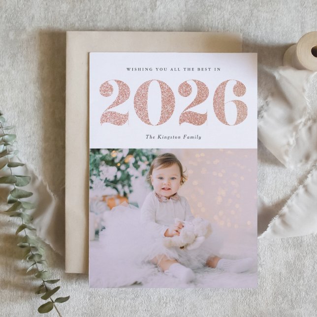 Chic 2022 Rose Gold Glitter Happy New Year Photo Holiday Card (Customizable photo 2026 Happy New Year card featuring festive faux rose gold glitter.)