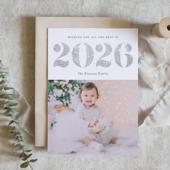 Chic 2022 Silver Glitter Happy New Year Photo Holiday Card (Customizable photo 2026 Happy New Year card featuring festive faux silver glitter.)