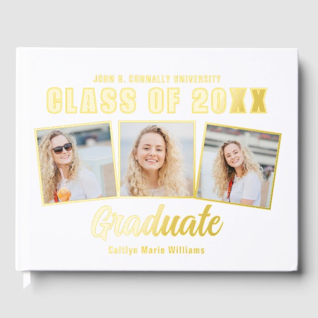 Chic 2025 Graduation 3 Photo Collage Gold Foil Guest Book (Front)