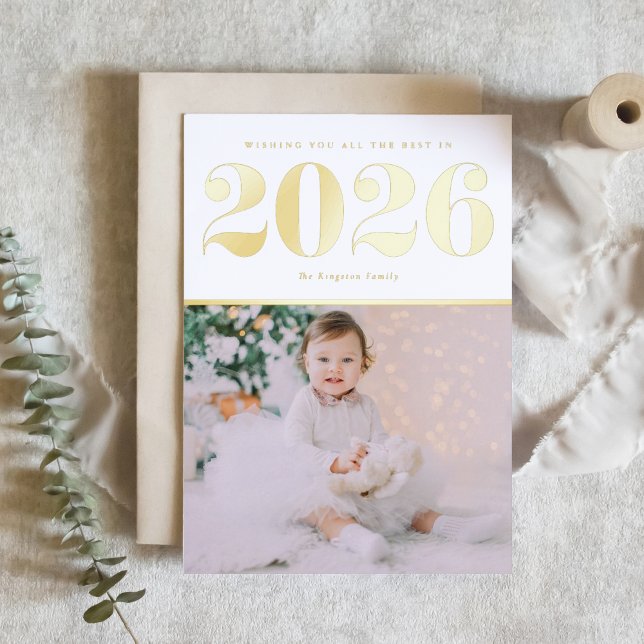 Chic 2025 Happy New Year Photo Foil Holiday Card (Ring in 2026 with this modern Happy New Year photo card featuring retro typography in gold foil.)