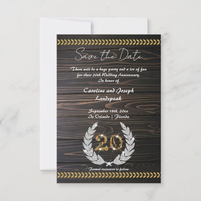 Chic 20th Anniversary Wood & Gold  Save the Date Invitation (Front)