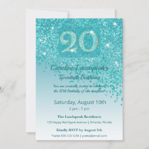 Chic 20th Birthday Teal Blue Glitter Invitation