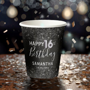 Chic 21st Birthday Black and Rose Gold Glitter Pa Paper Cups