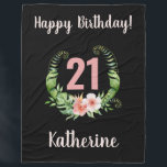 Chic 21st Birthday Black Girl Name   Fleece Blanket<br><div class="desc">Chic black 21st Birthday fleece blanket with a blush pink 21 and Floral Wreath. Customise the name,  age and greeting message.</div>