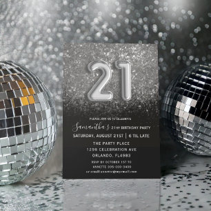 Chic 21st Birthday Black Silver Balloon Type  Invitation