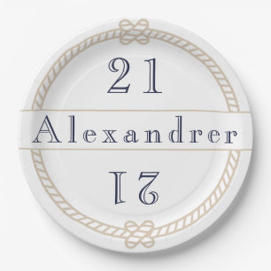 Chic 21st Birthday Gold Tan Nautical Name  Classic Paper Plate