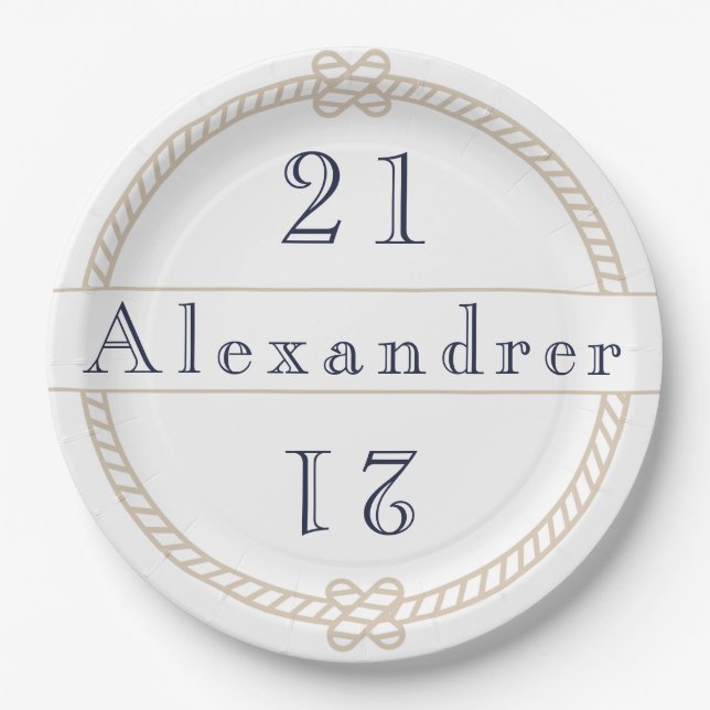 Chic 21st Birthday Gold Tan Nautical Name  Classic Paper Plate (Front)