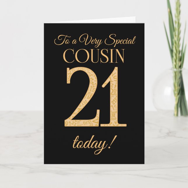 Chic 21st Gold-effect on Black, Cousin Birthday Card (Front)