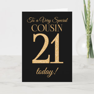 Chic 21st Gold-effect on Black, Cousin Birthday Card