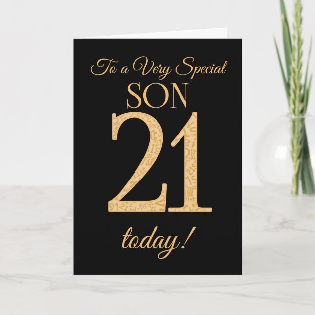 Chic 21st Gold-effect on Black, for Son Birthday Card (Front)