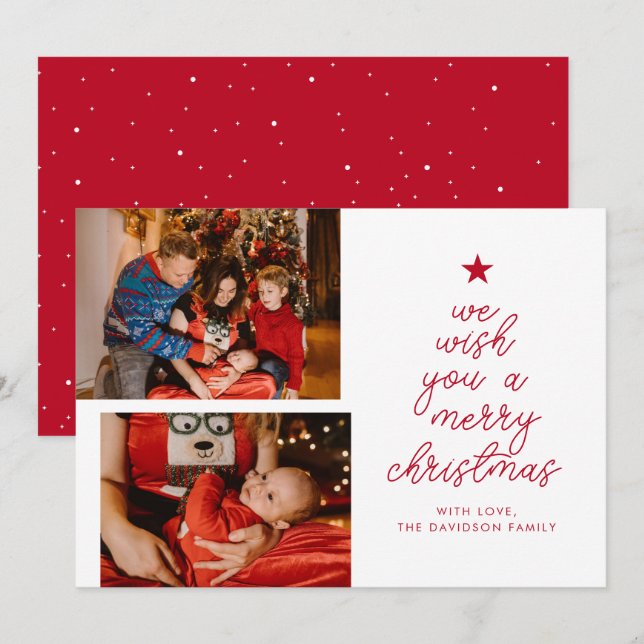 Chic 2 Photo Red | We Wish You A Merry Christmas Holiday Card (Front/Back)