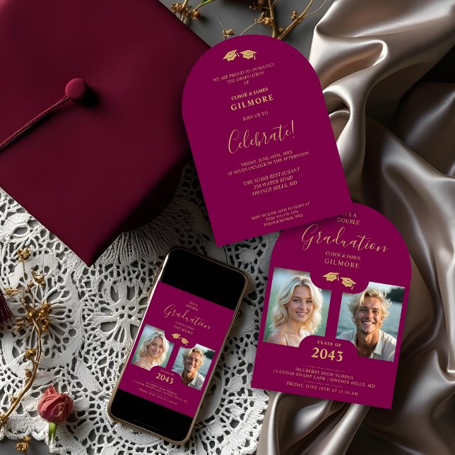 Chic 2-Photo Twins Graduation Fake Gold Burgundy Invitation (Chic 2-Photo Double Twins Graduation Fake Golden and Burgundy Whimsical Modern Calligraphy Invites.)