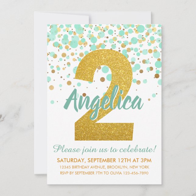 Chic 2nd Birthday Mint Green Gold Glitter Confetti Invitation (Front)