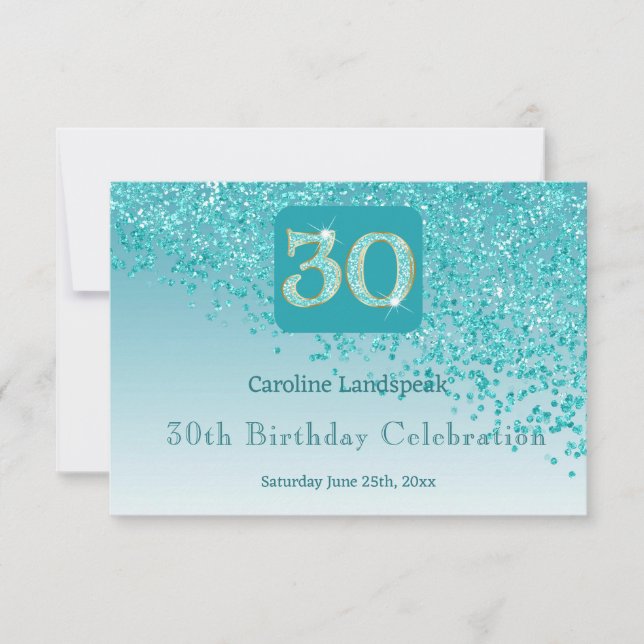 Chic 30 Birthday Teal Blue Glitter RSVP (Front)