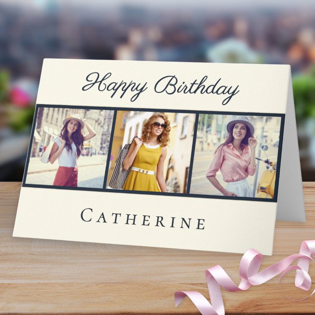 Chic 3 Photo Collage Elegant Script Birthday Card (A personalized birthday card in cream with custom collage of 3 photos and elegant typography)