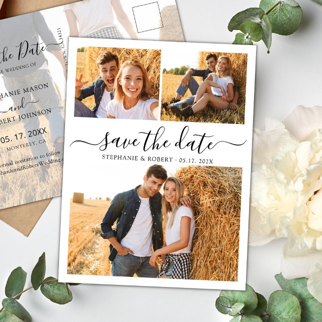 Chic 3 Photo Collage Wedding Budget Save The Date Announcement Postcard (Creator Uploaded)