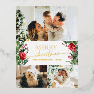 Chic 3 Photo Modern Botanical Merry Christmas Gold Foil Holiday Postcard