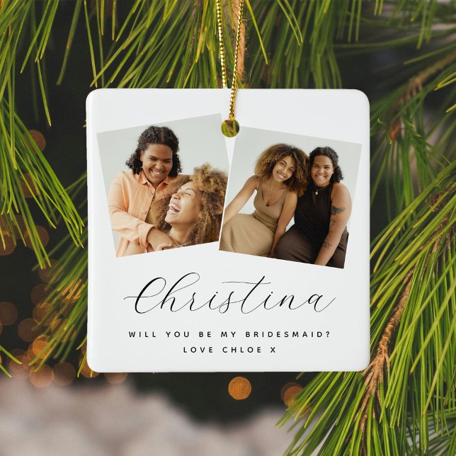Chic 3 Photo Will You Be My Bridesmaid Keepsake Ceramic Ornament (Creator Uploaded)