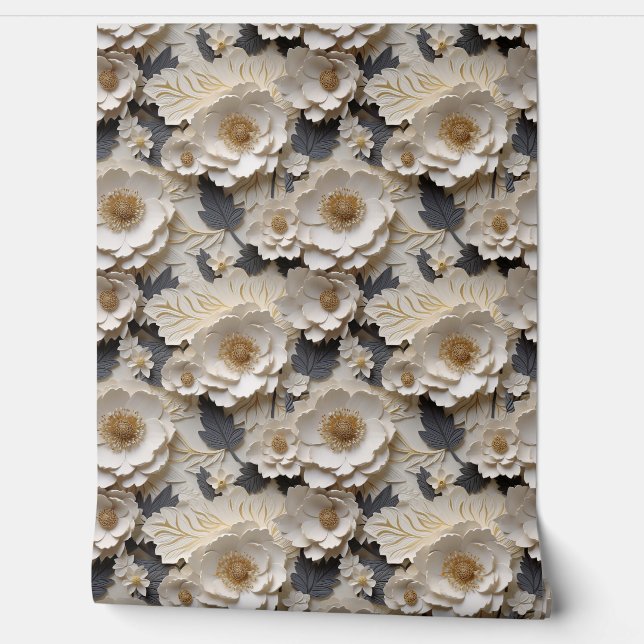 Chic 3d white and gold flowers spring floral wallpaper (Unrolling)