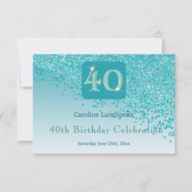 Chic 40 Birthday Teal Blue Glitter RSVP Card (Front)