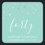 Chic 40th Birthday Mint Green Silver Confetti Square Sticker<br><div class="desc">Help her celebrate her 40th birthday in style with this simple but elegant design, featuring faux silver triangular confetti sifting down on the word "forty" in white handwriting font on a mint green background. Personalise it with the name of the honoree in white sans serif font, along with the occasion...</div>