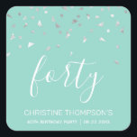 Chic 40th Birthday Mint Green Silver Confetti Square Sticker<br><div class="desc">Help her celebrate her 40th birthday in style with this simple but elegant design, featuring faux silver triangular confetti sifting down on the word "forty" in white handwriting font on a mint green background. Personalise it with the name of the honoree in white sans serif font, along with the occasion...</div>