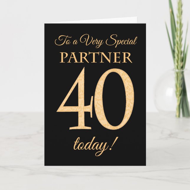 Chic 40th Gold-effect on Black, Partner Birthday Card (Front)