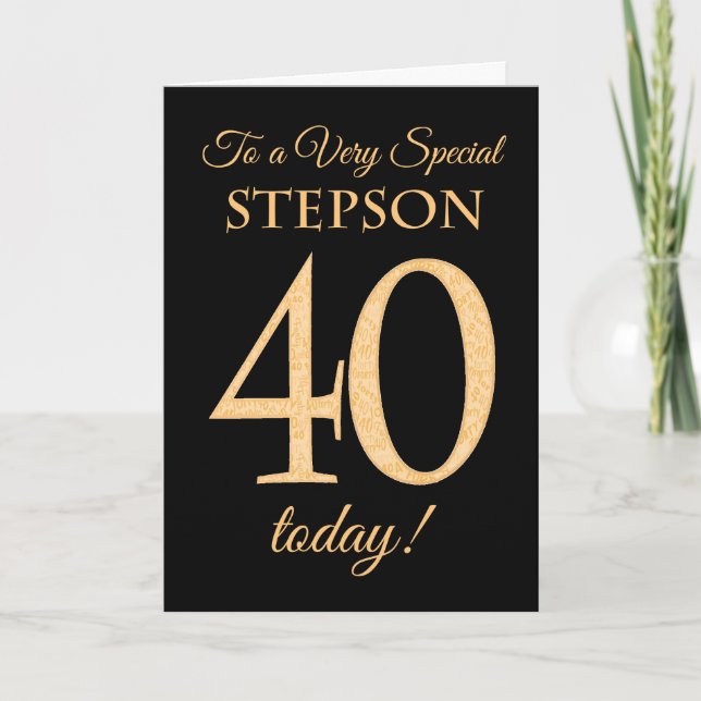 Chic 40th Gold-effect on Black, Stepson Birthday Card (Front)