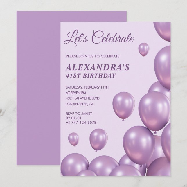 Chic 41st birthday invitations Balloons  Purple (Front/Back)