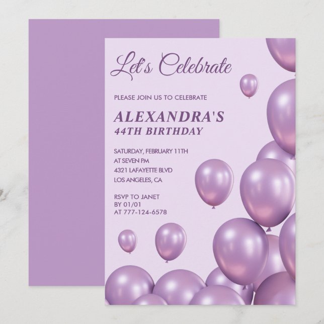 Chic 44th birthday invitations Balloons  Purple (Front/Back)