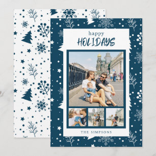 Chic 4 Photo Collage Blue Happy Holidays Card