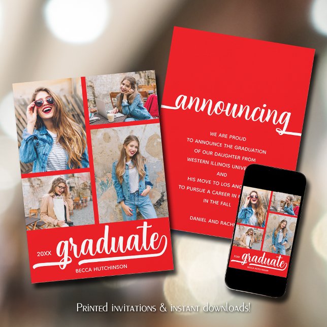 Chic 4 Photo Red Graduation Announcement (Chic 4 Photo Red Graduation Announcements)